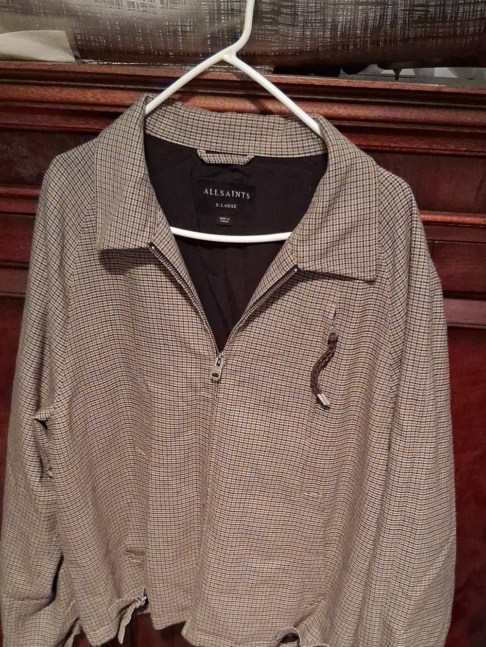 All Saints Beige Houndstooth Lightweight Zip Shirt Jacket